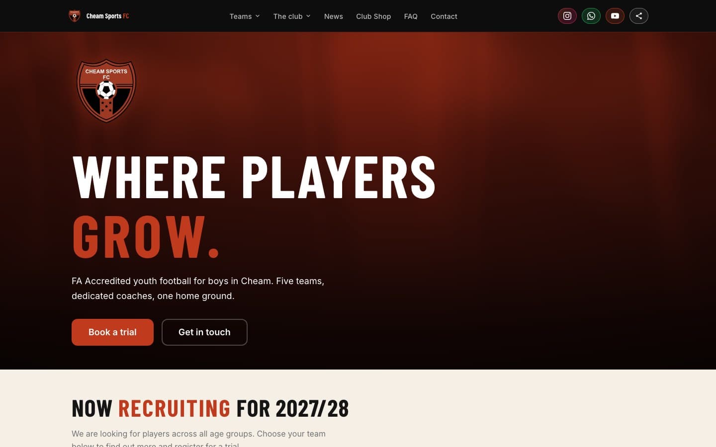 Screenshot of the Cheam Sports FC club website