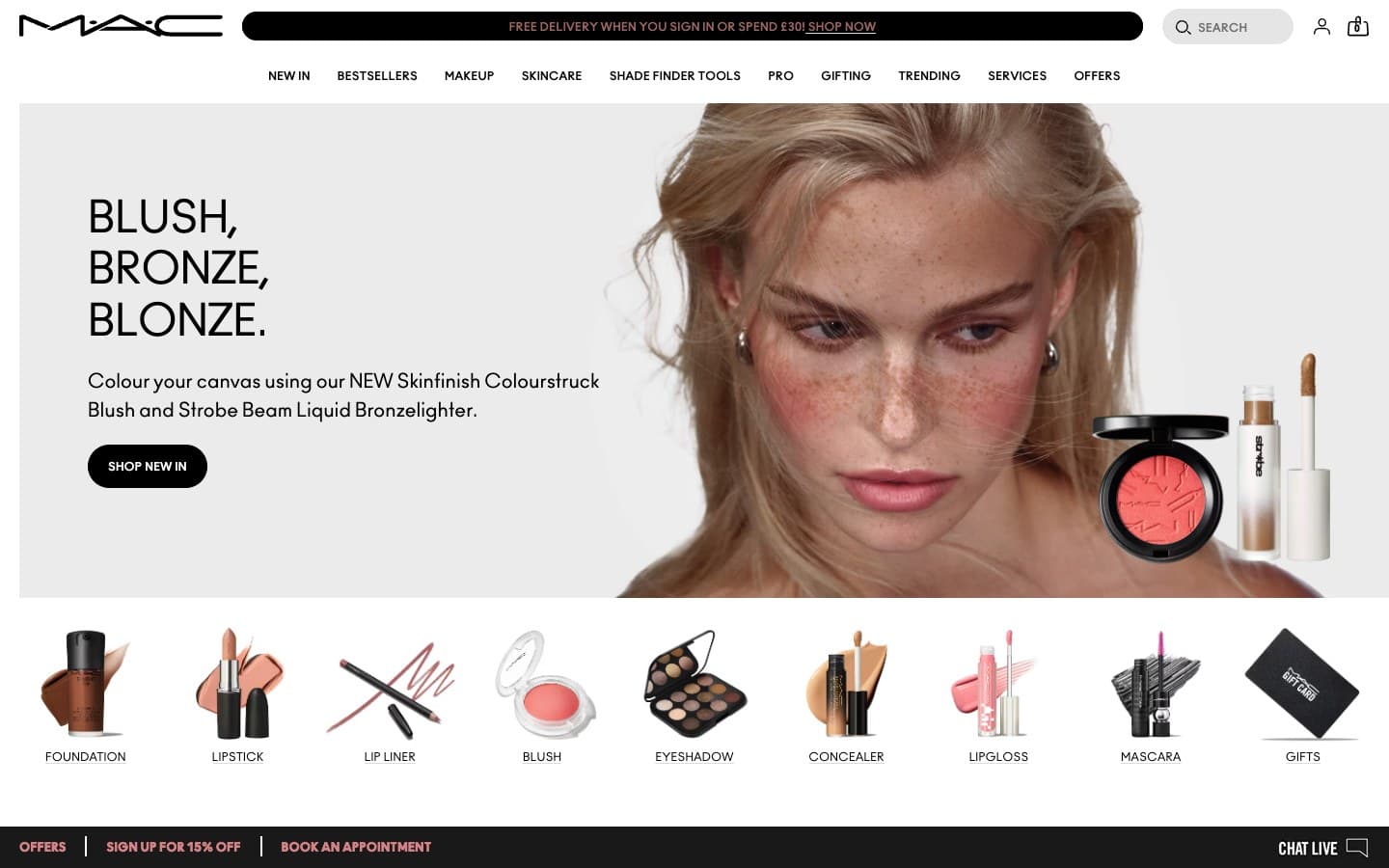 MAC Cosmetics UK storefront homepage