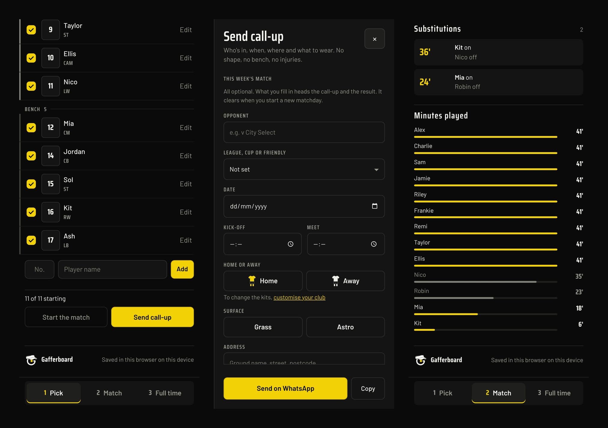 Three Gafferboard phone screens: the squad list with call-up ticks, the send call-up sheet, and substitutions with minutes played