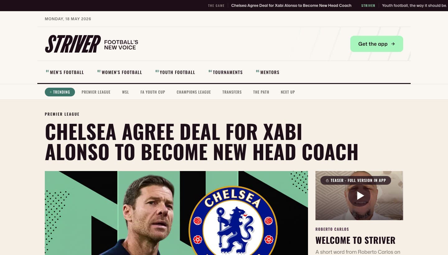 Screenshot of the Striver.Football marketing site
